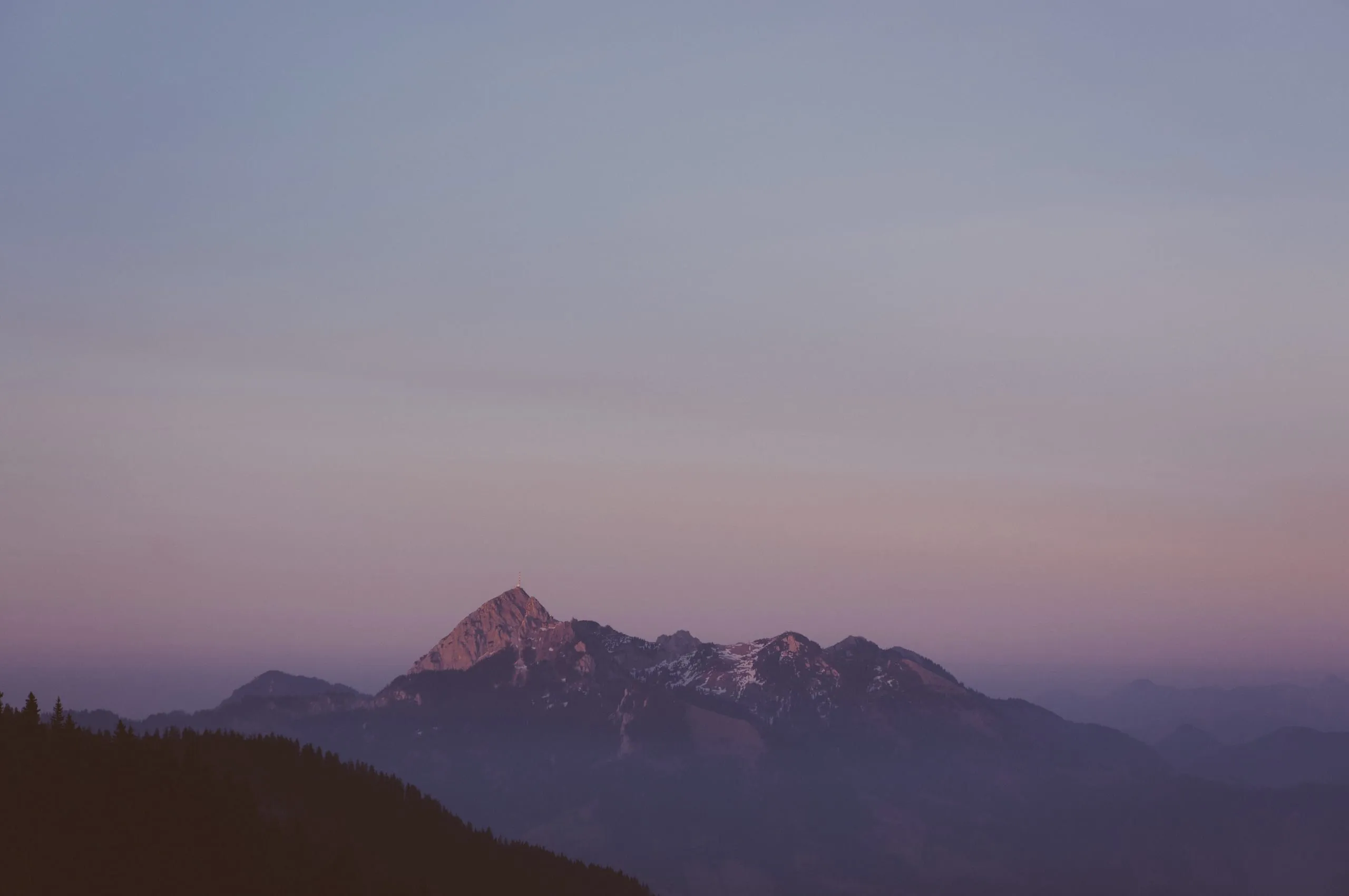 A distant mountain massif lit pink at dusk, above a dark line of forest